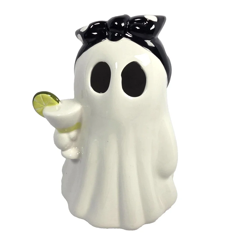 Lighted Ghost Margarita Figurine Lime Drink Black Bow LED Halloween Decor 9 Inch